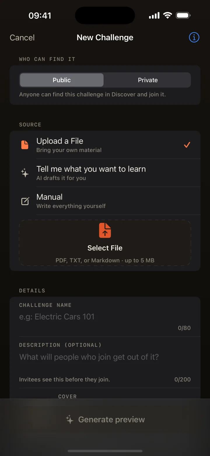 Readify New Challenge screen with three sources: upload a file, tell the AI what you want to learn, or write it by hand