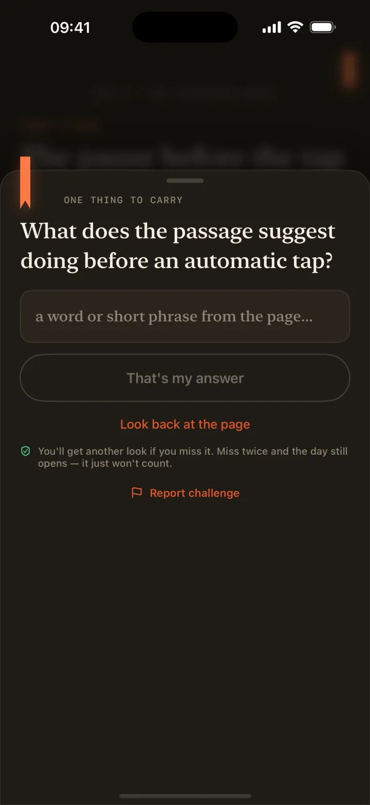 Readify recall screen asking one question about the reading