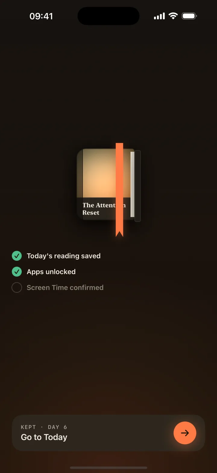 Readify release screen confirming the reading is saved and apps are unlocked